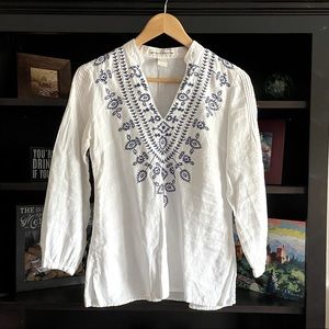 Vintage Tunic 100% Linen White/Blue Embroidery